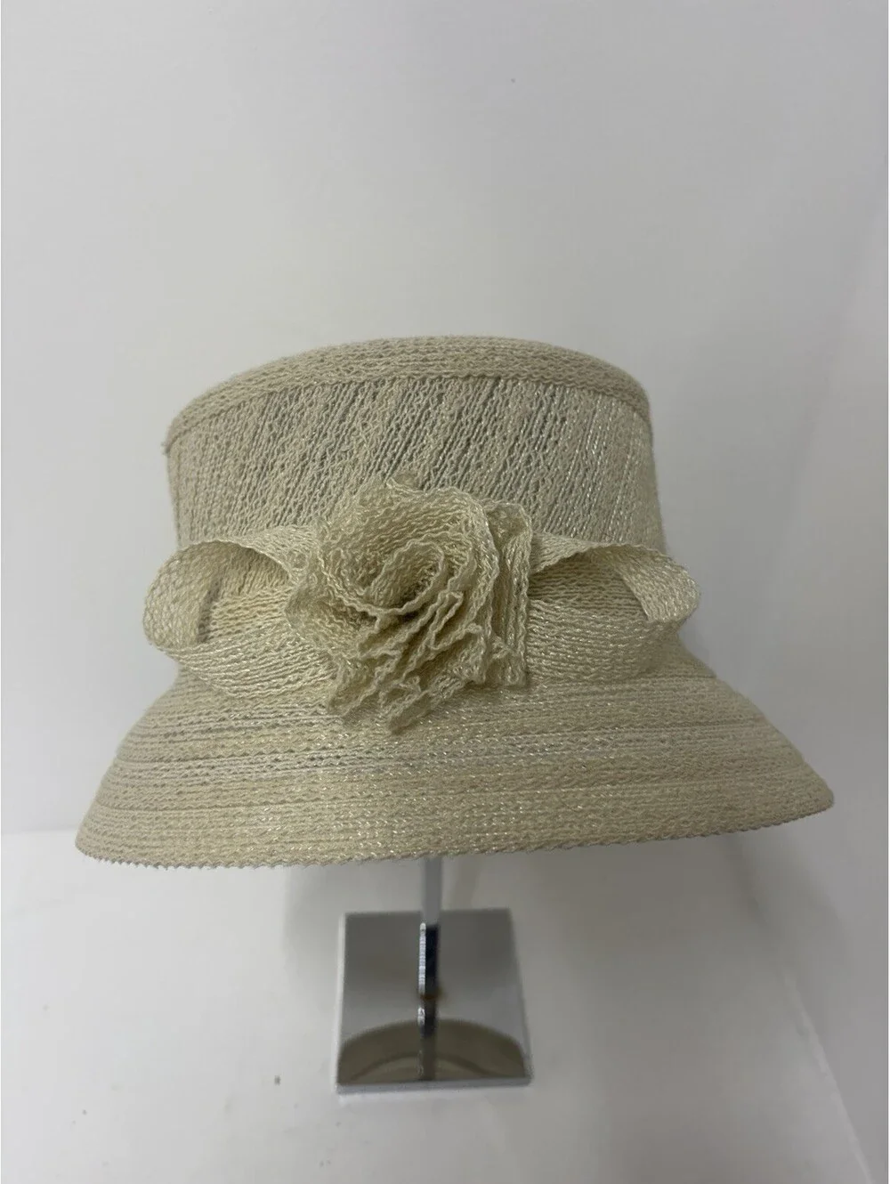 Vintage - Ladies Hat Woven Ivory W/ Ribbon & Rosette - Kentucky Derby Tea Party